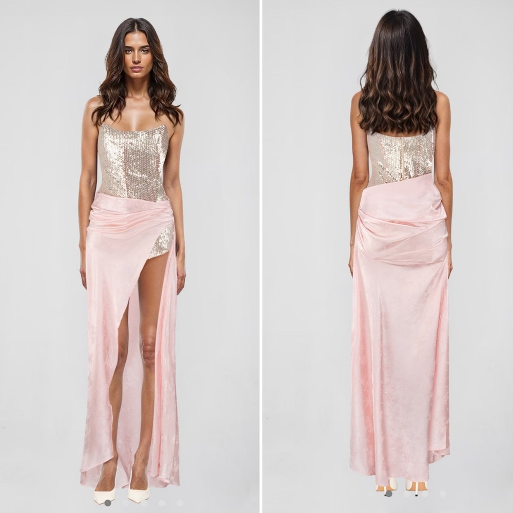 NWT Atoir Clara Gown in Pink Jacquard Floral Sequin Bustier Corset 2 Piece Dress